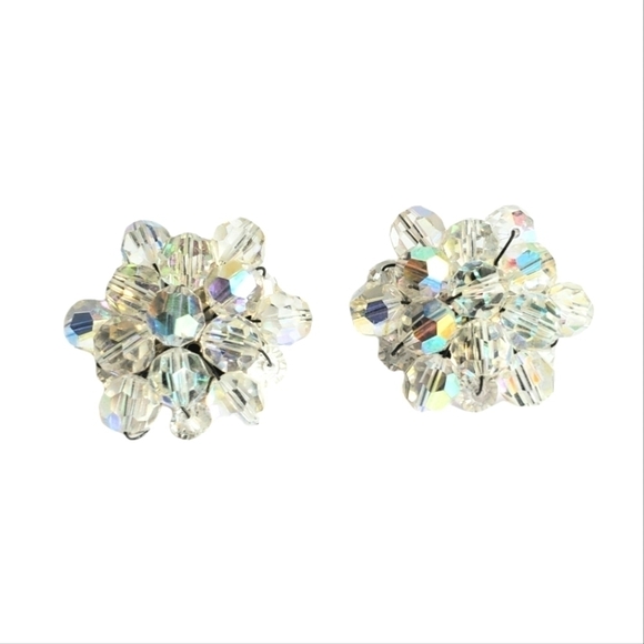 Vintage Aurora Borealis Crystal Beaded Earrings Clip-On 60s Retro Iridescent - Picture 1 of 5